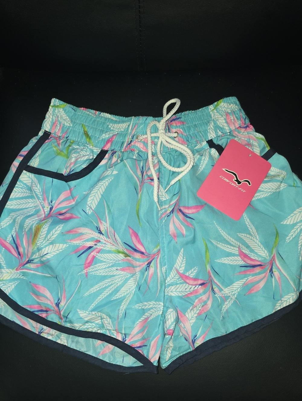 Comfort Fit  Teal Tropical Floral Girls Swim Shorts with Pink Tag